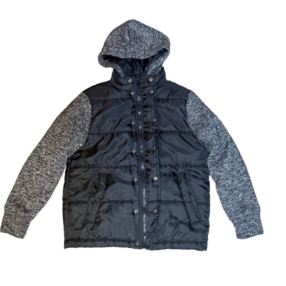 ROK Coat Boy’s Size 8 Puffer Winter Knit Sleeves Black Gray Hood Pockets School
